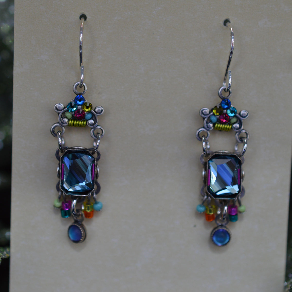 Antique Silver Plated Jasmine Mirror Multi-Color Crystal Dangle Earrings by Firefly