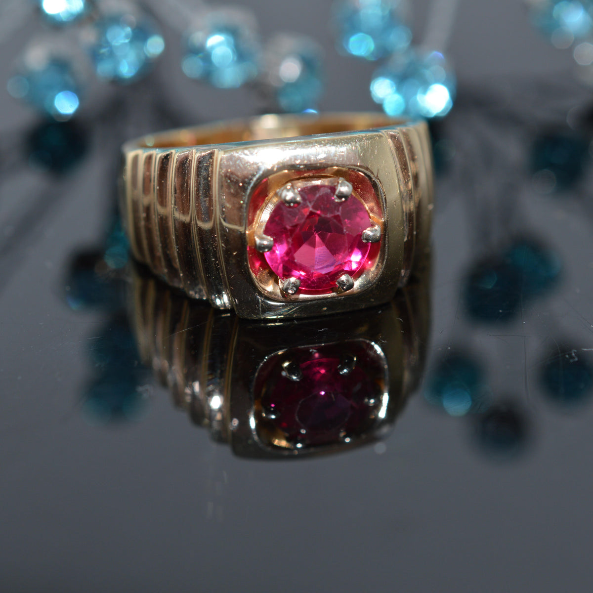14K Yellow Gold Ring With Round Synthetic Ruby
