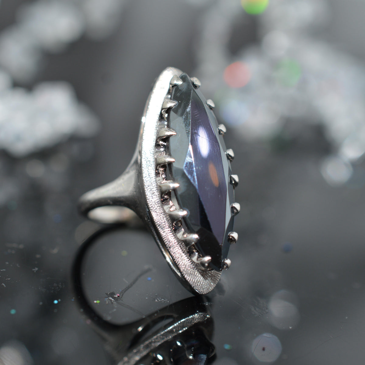 10K White Gold Marquise Cut Hematite Ring