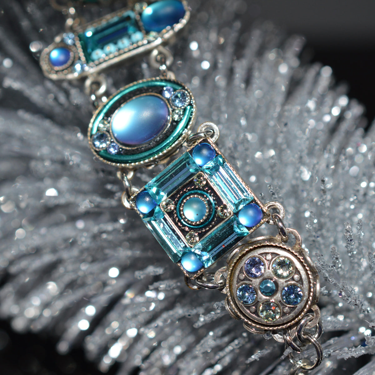 Antique Silver Plate La Dolce Vita Bracelet With Moonlight Light Blue Crystals by Firefly