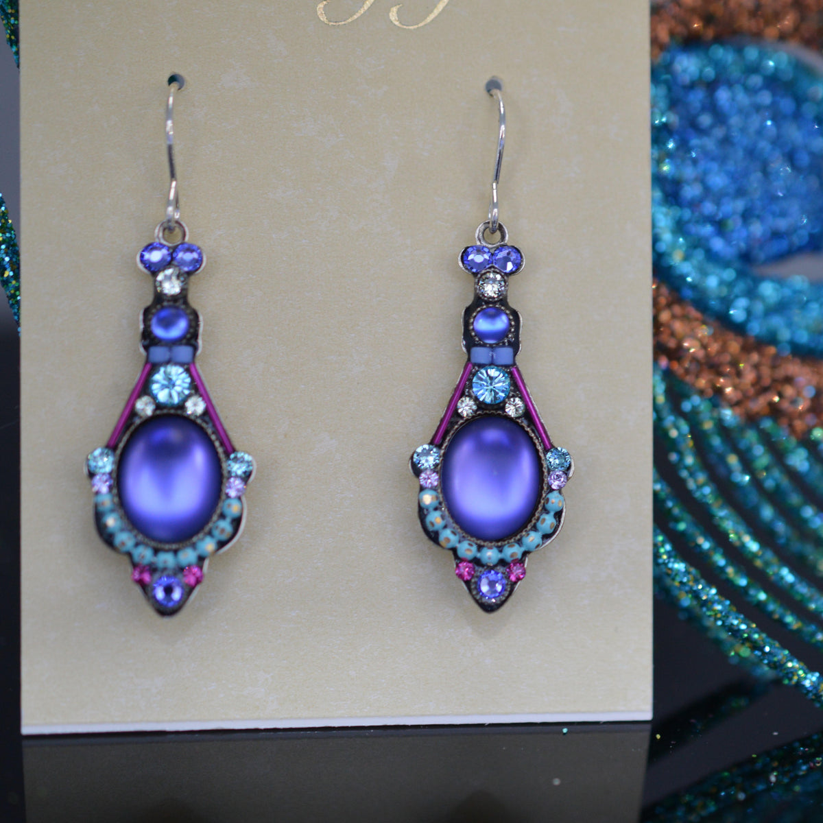 Antique Silver Plate Large Moonlight Drop Earrings With Tanzanite Color Crystals By Firefly