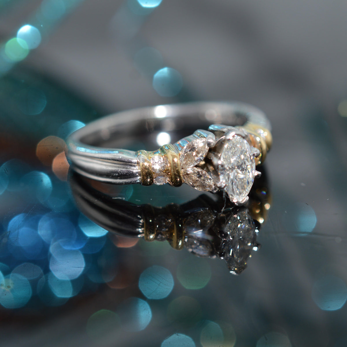 Platinum & 18K Yellow Gold Marquise Diamond Engagement Ring