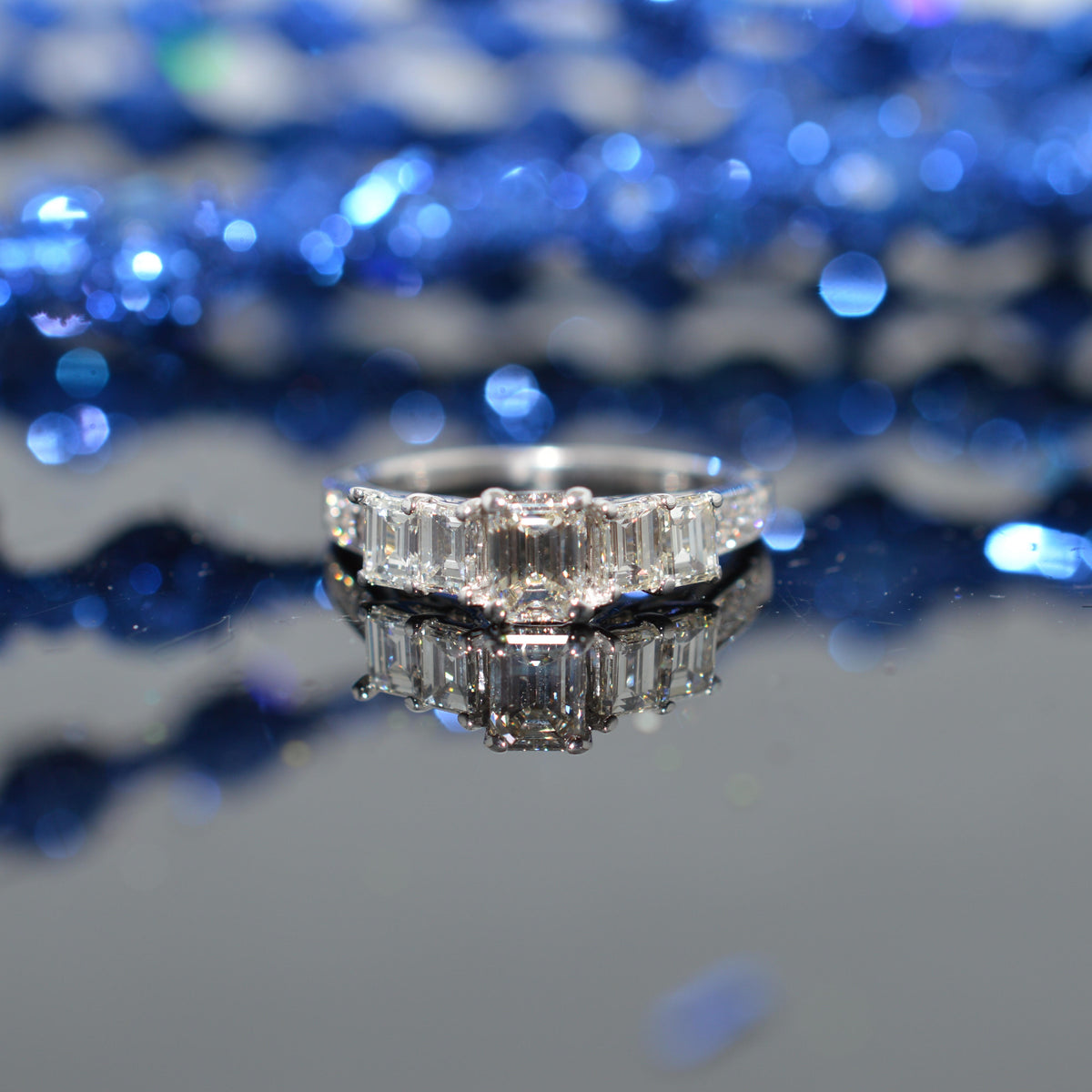 14K White Gold 2 Carat Baguette & Emerald Cut Diamond Anniversary Ring
