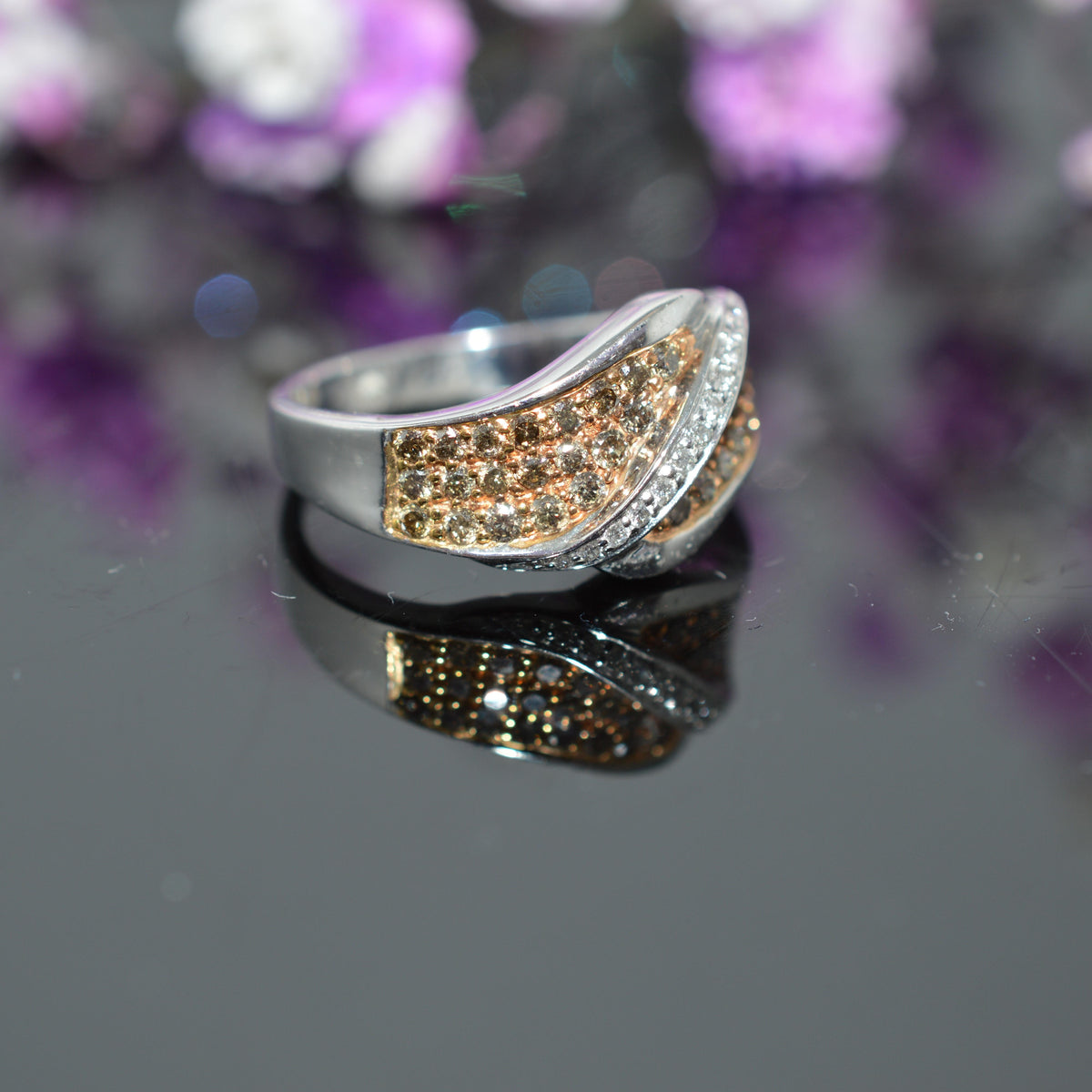 14K Rose & White Gold Diamond Fashion Ring With White & Champagne Diamonds