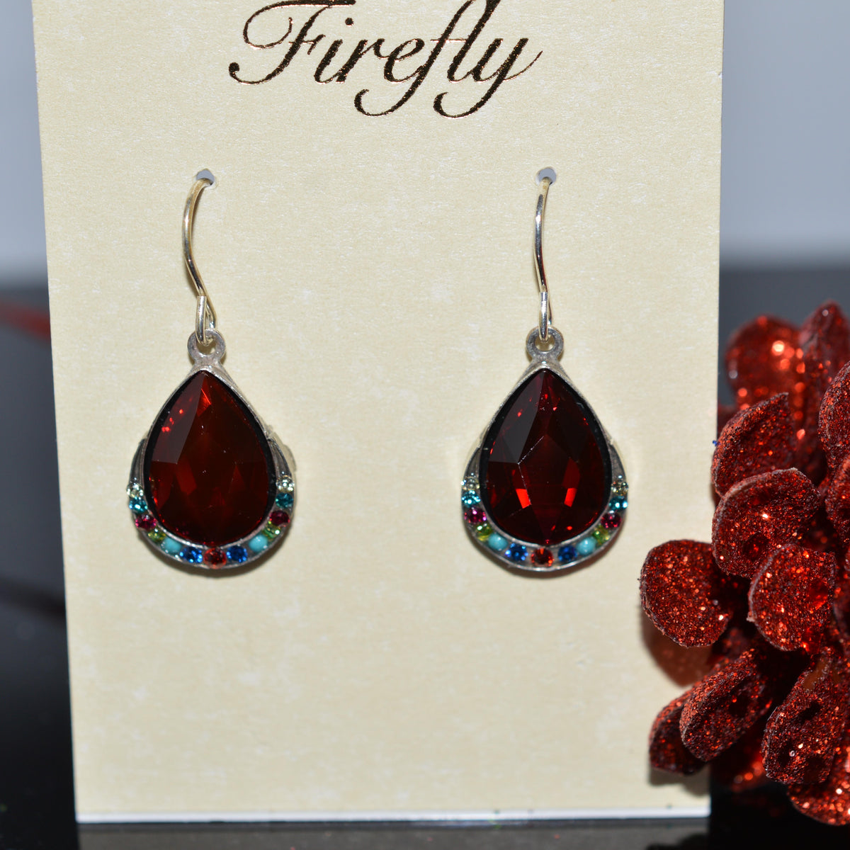 Antique Silver Plate Elizabeth Teardrop Earrings With Multi-Color Crystals By Firefly