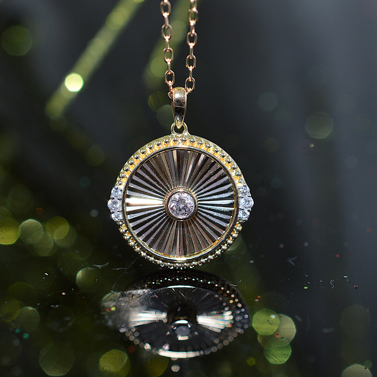 14K Yellow Gold Art Deco Inspired Round Sunburst Diamond Pendant With Chain