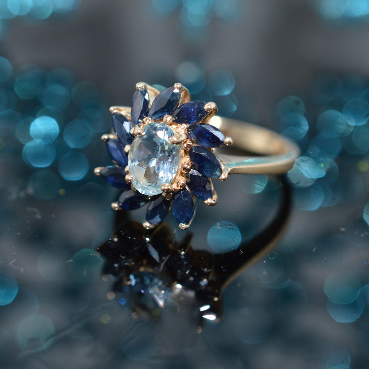 14K Yellow Gold Oval Aquamarine & Marquise Sapphire Spiral Ring