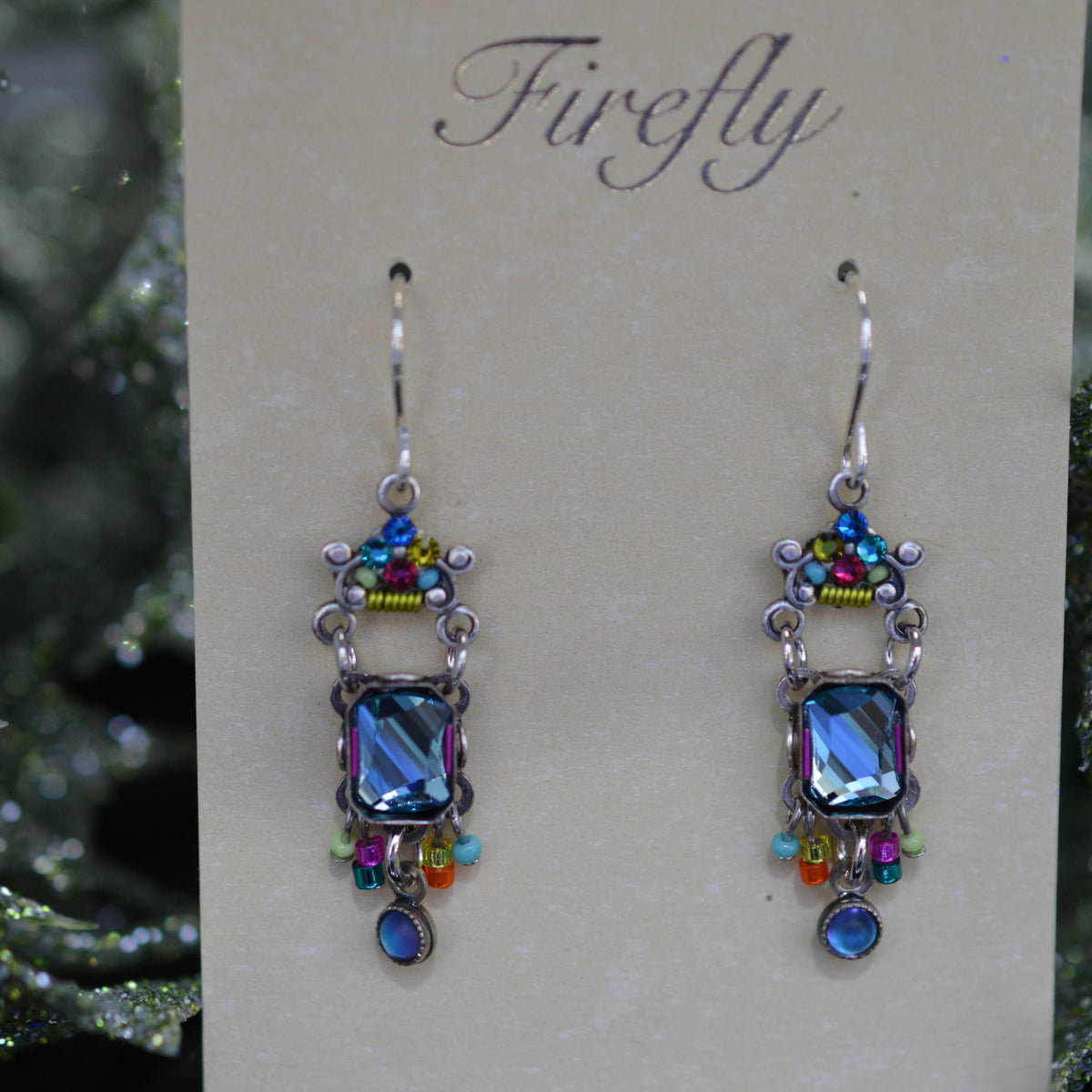 Antique Silver Plated Jasmine Mirror Multi-Color Crystal Dangle Earrings by Firefly