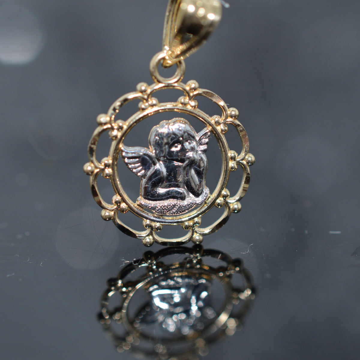 14K Two Tone Gold Round Guardian Angel Charm