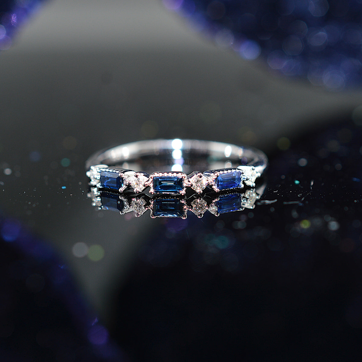 14K White Gold Baguette Genuine Sapphire & Diamond Anniversary Ring