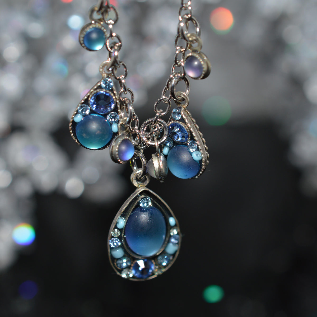 Antique Silver Plated Soft Blue Moonlight Waterfall Crystal Necklace by Firefly