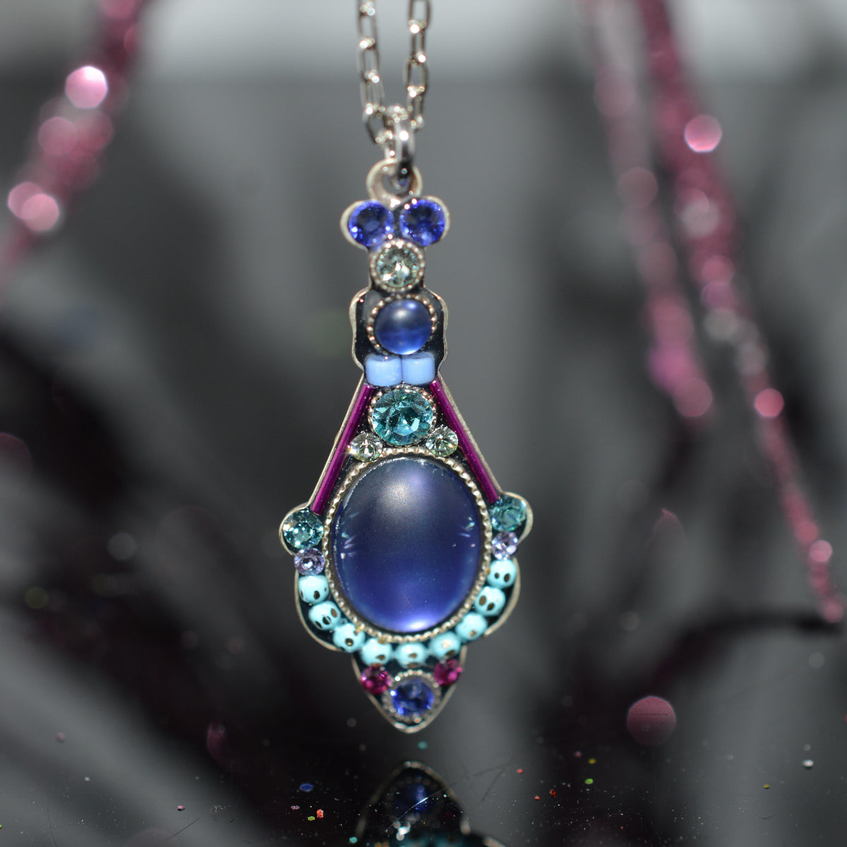 Antique Silver Plated Large Moonlight Tanzanite Colored Crystal Pendant by Firefly