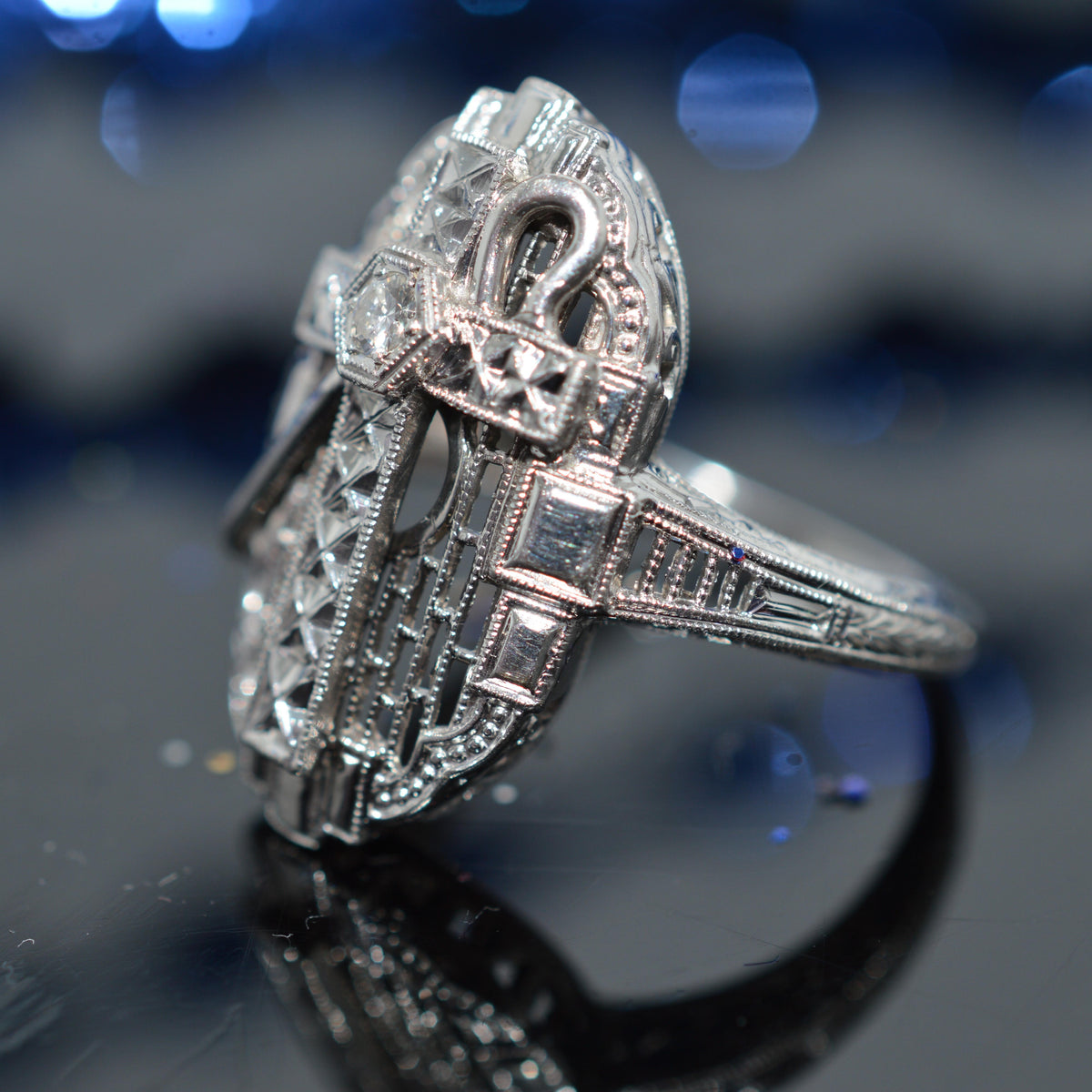 14K White Gold Filigree Ring With Cross, Shepherd's Crook, & Diamond