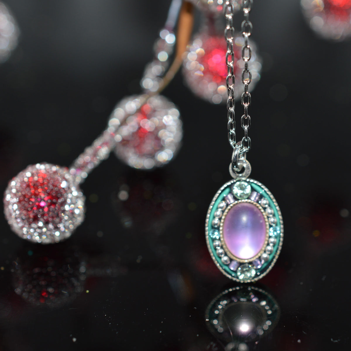 Antique Silver Plated Soft Rose Moonlight Crystal Pendant by Firefly