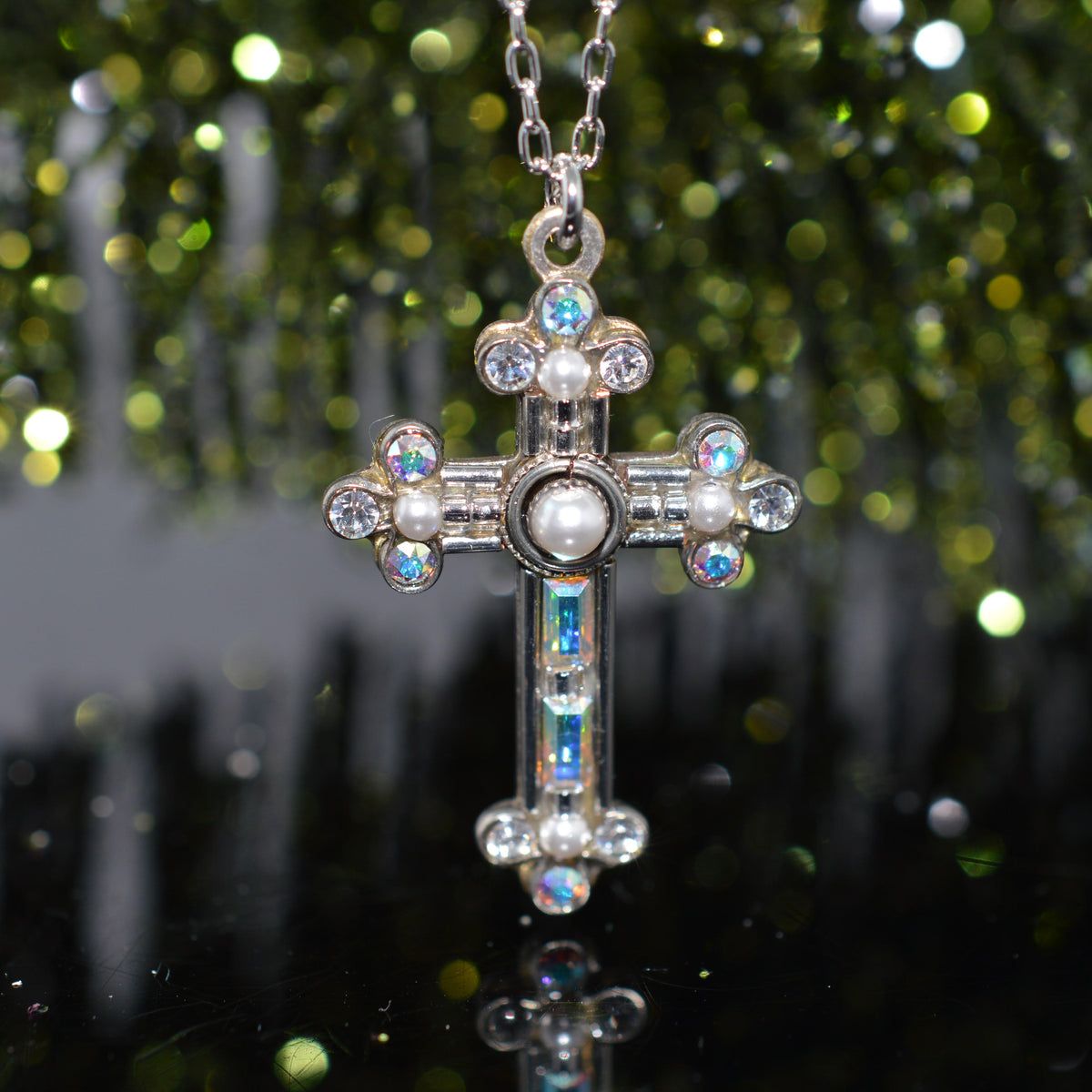 Antique Silver Plated White Crystal & Faux Pearl Cross Pendant by Firefly