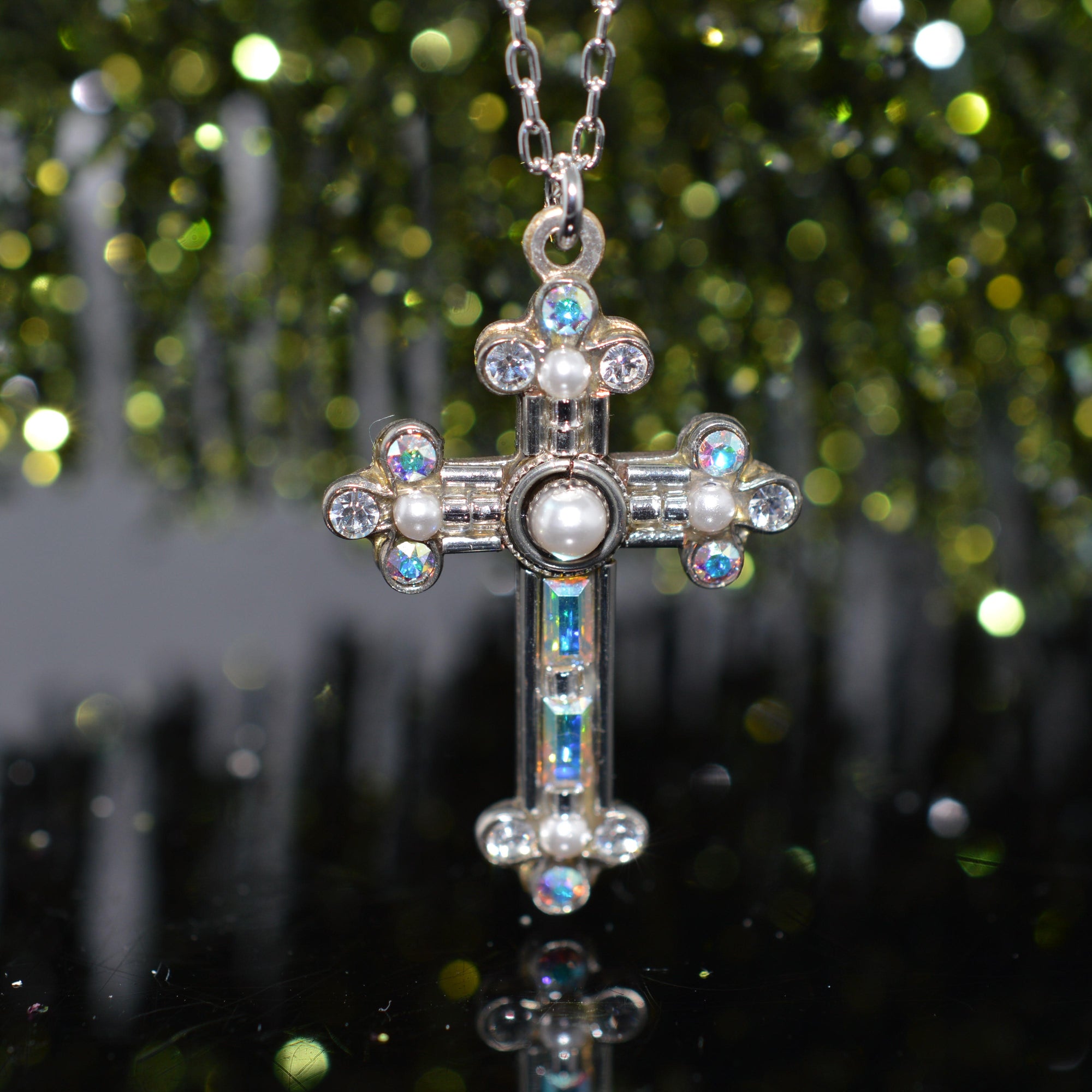 Antique Silver Plated White Crystal & Faux Pearl Cross Pendant by Firefly