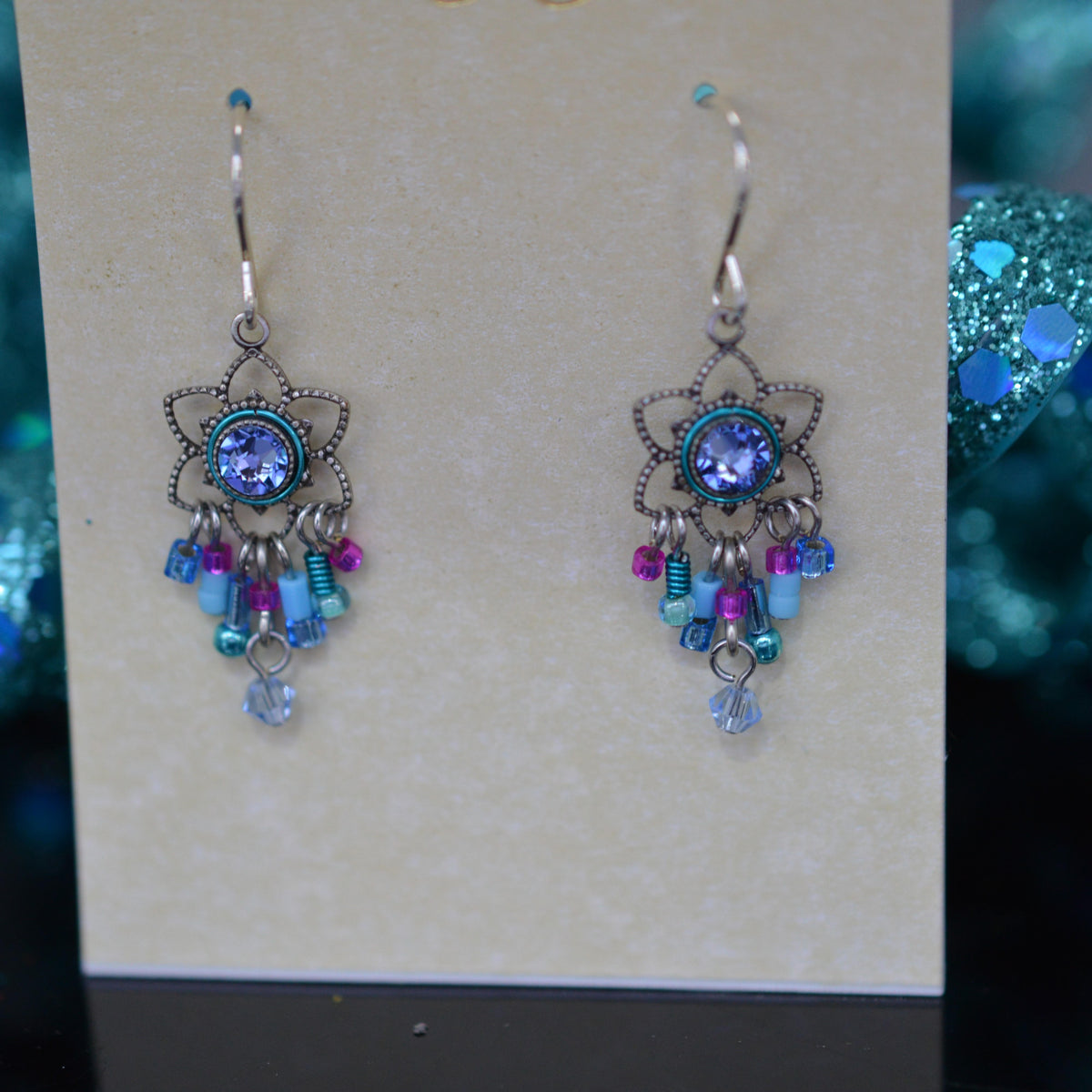 Antique Silver Plated Blue Crystal Chandelier Earrings by Firefly