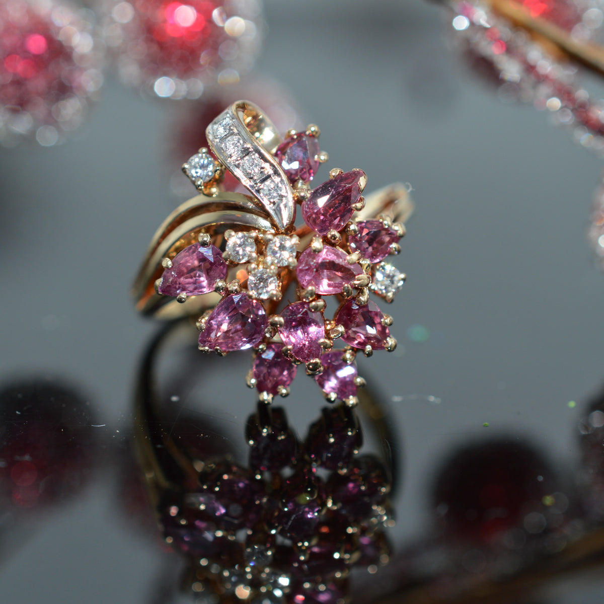 14K Two Tone Gold Ruby & Diamond Cluster Ring