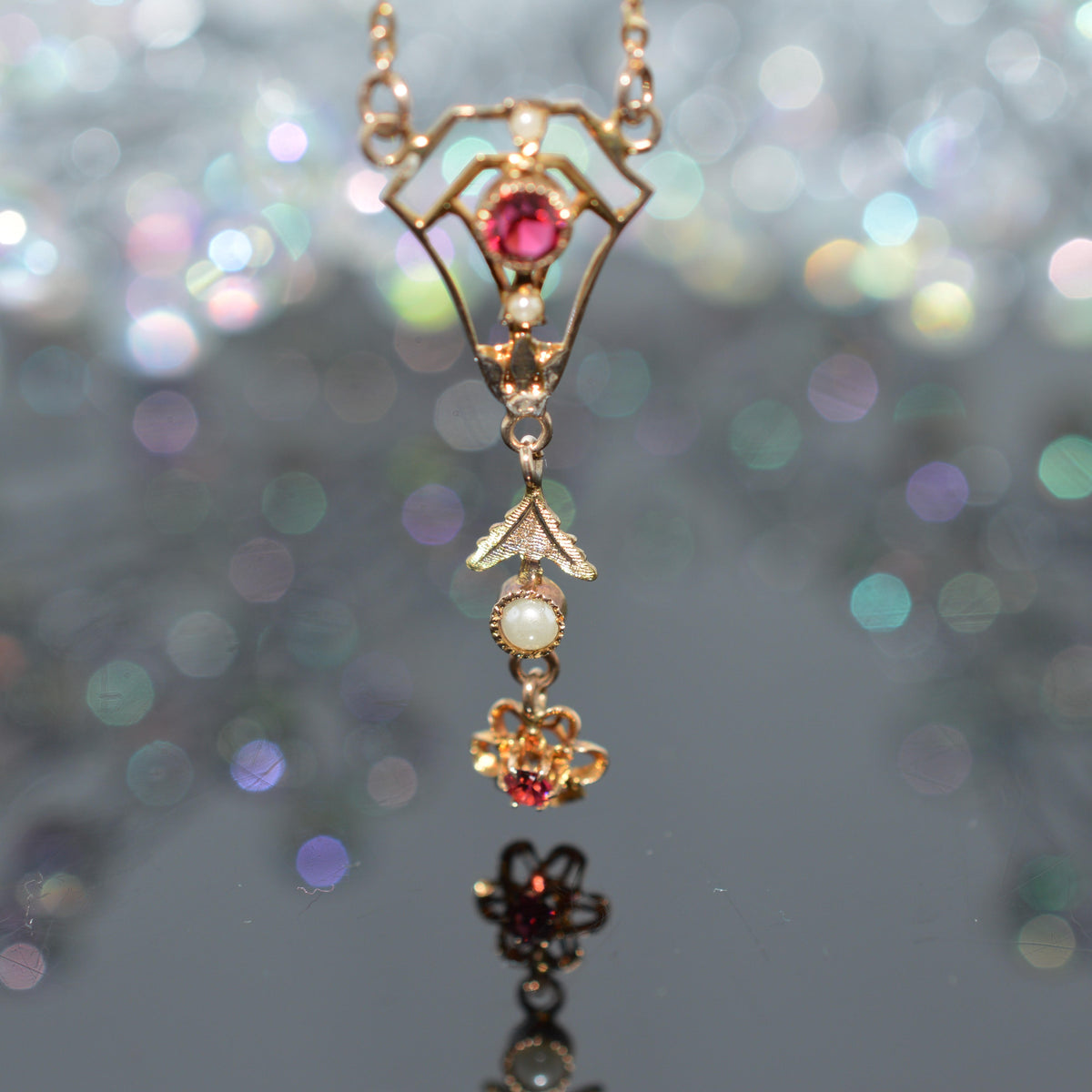 10K Yellow Gold Antique Split Pearl & Red Synthetic Ruby Lavalier Necklace