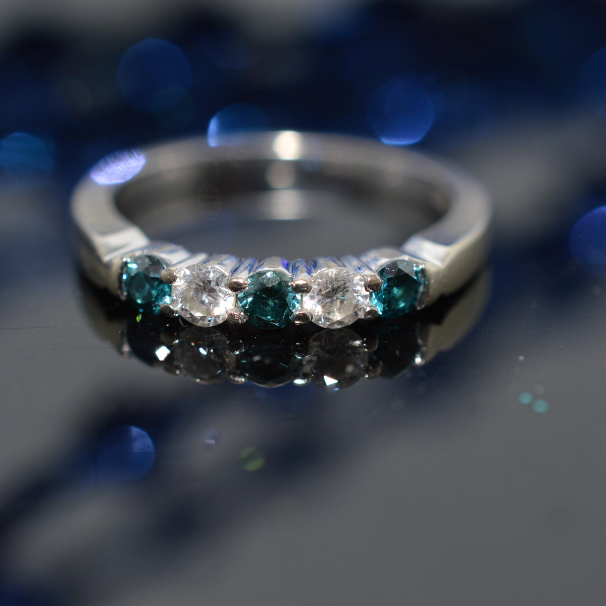 14K White Gold Blue & White Diamond Anniversary Ring