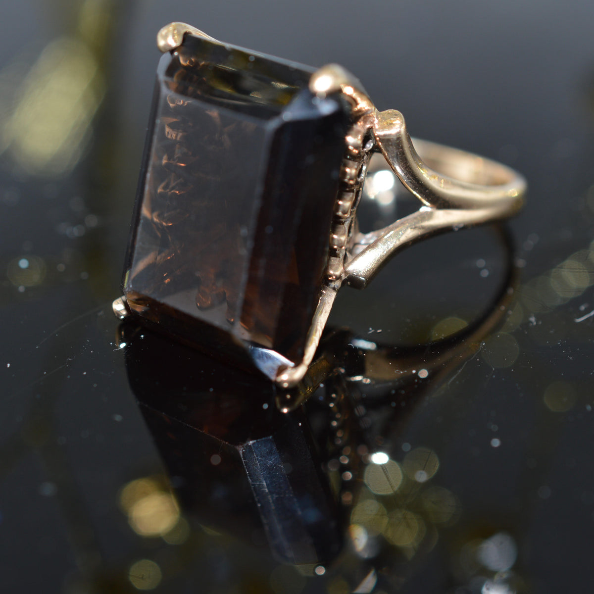 Large 10K Yellow Gold Emerald Cut Smoky Quartz Ring
