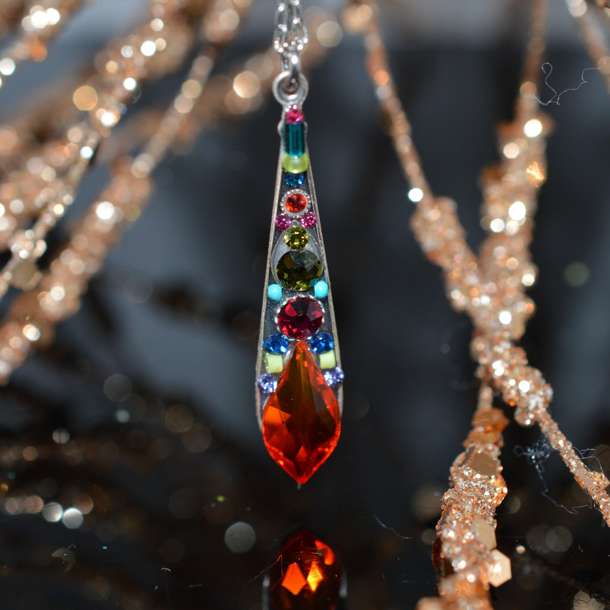 Antique Silver Plated Multi-Color Crystal Elongated Drop Pendant by Firefly