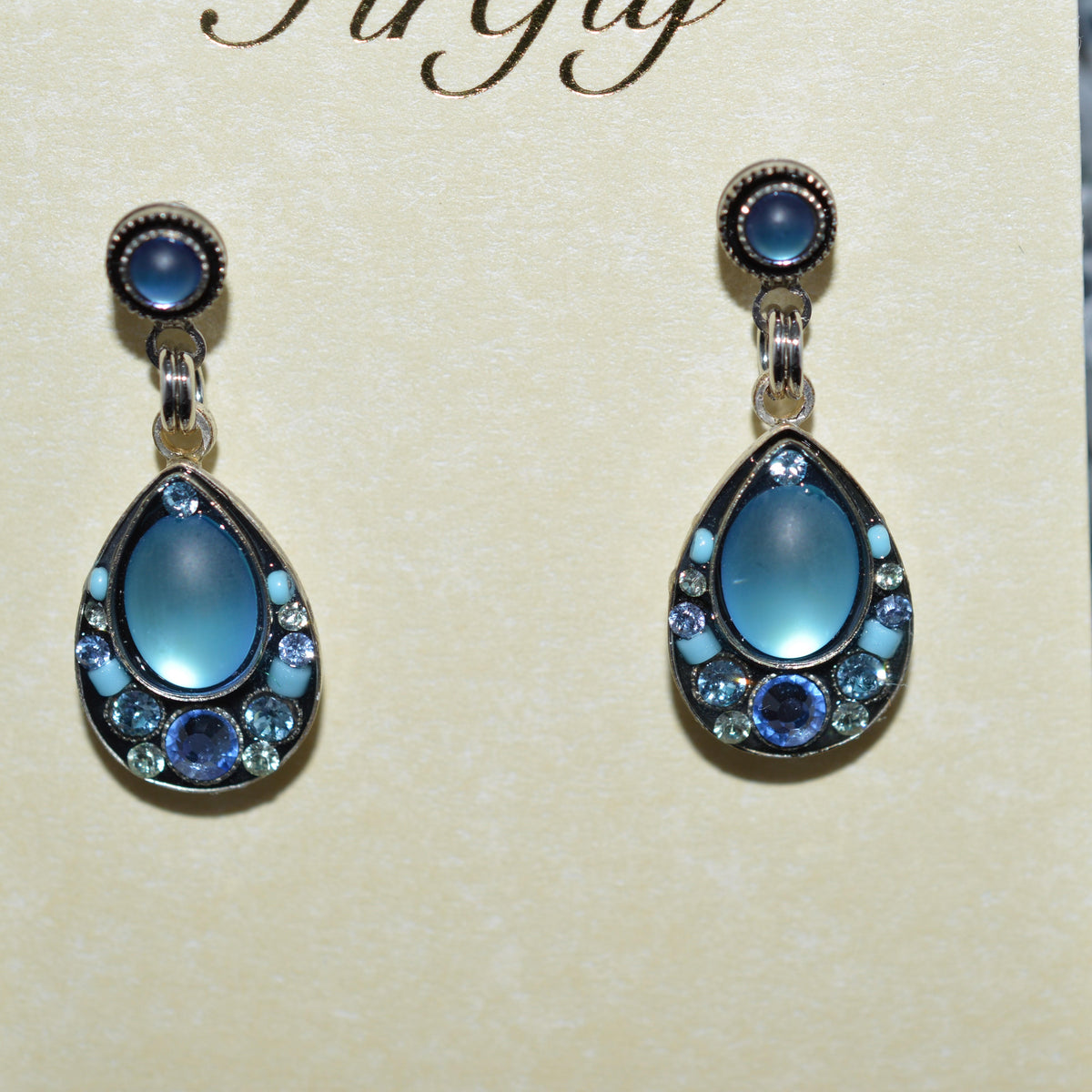 Antique Silver Plate Simple Drop Earrings With Moonlight Blue Crystals By Firefly