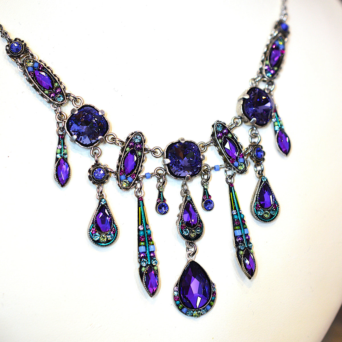Antique Silver Plated Elaborate Carmel Necklace With Purple Crystals by Firefly