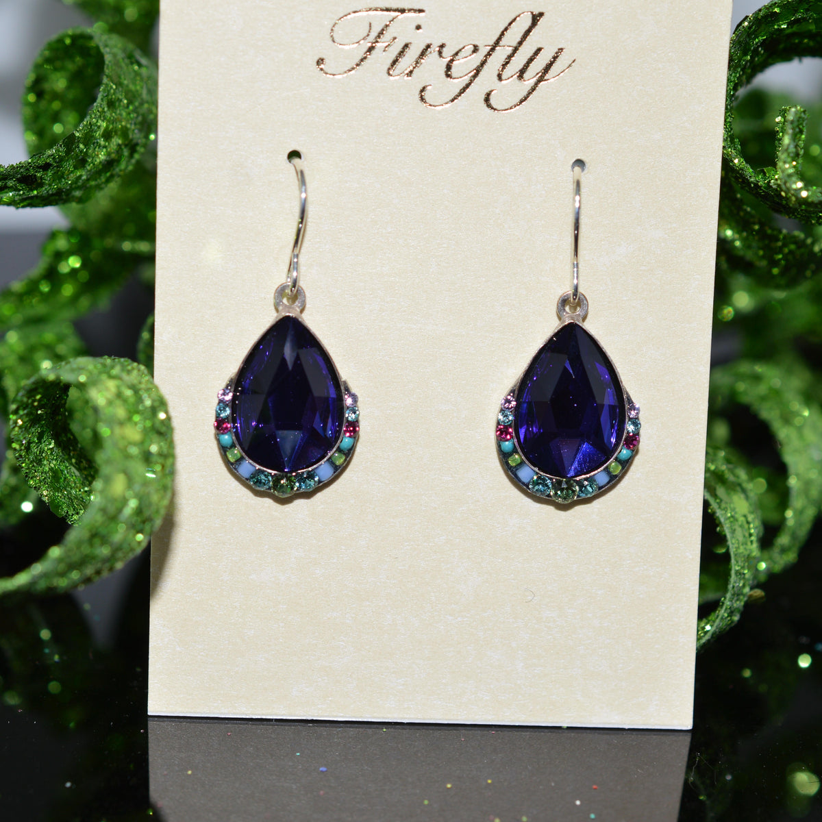 Antique Silver Plate Carmel Teardrop Earrings With Purple Crystals By Firefly