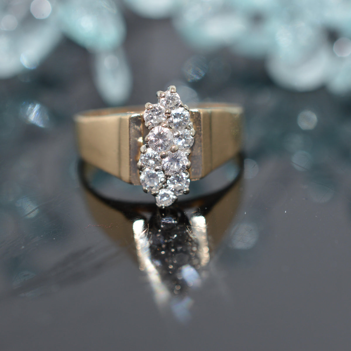 14K Yellow Gold Diamond Cluster Ring With Wide Band