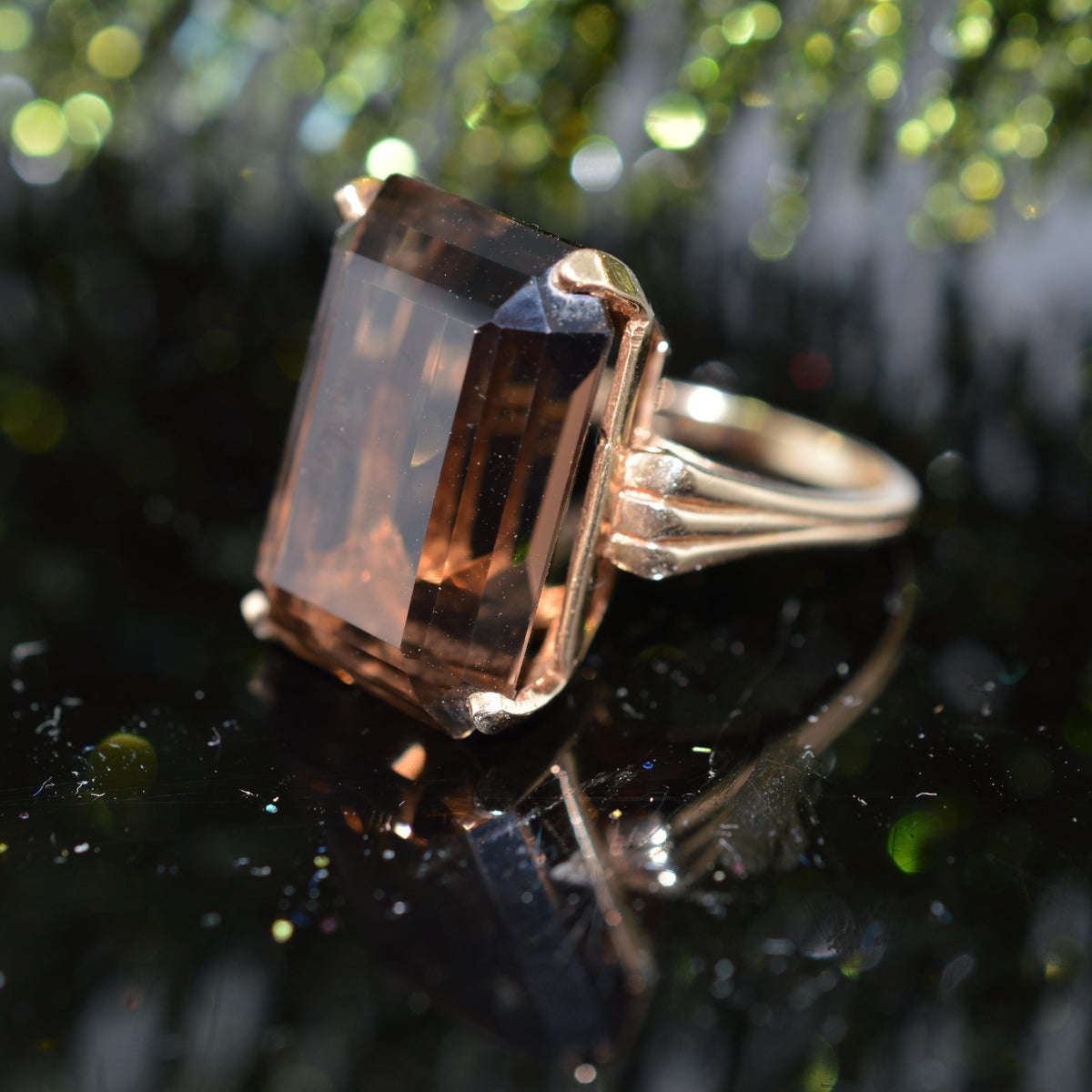 Large 14K Yellow Gold Vintage Emerald Cut Smoky Quartz Ring