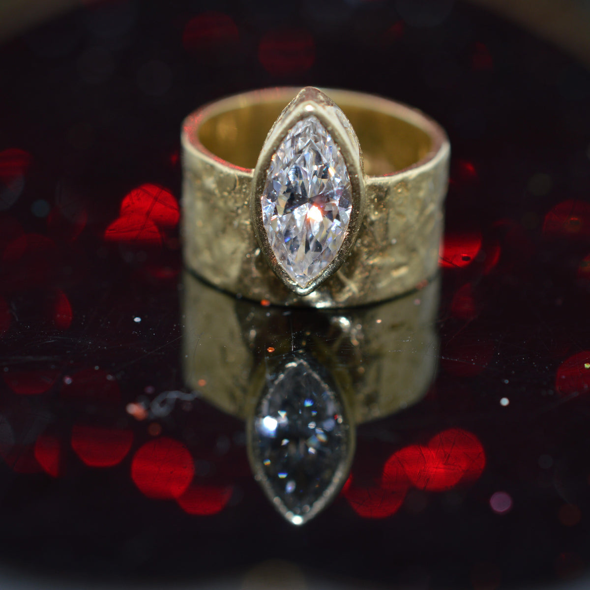 Unique 18K Yellow Gold Hammered Wide Band With Marquise Diamond