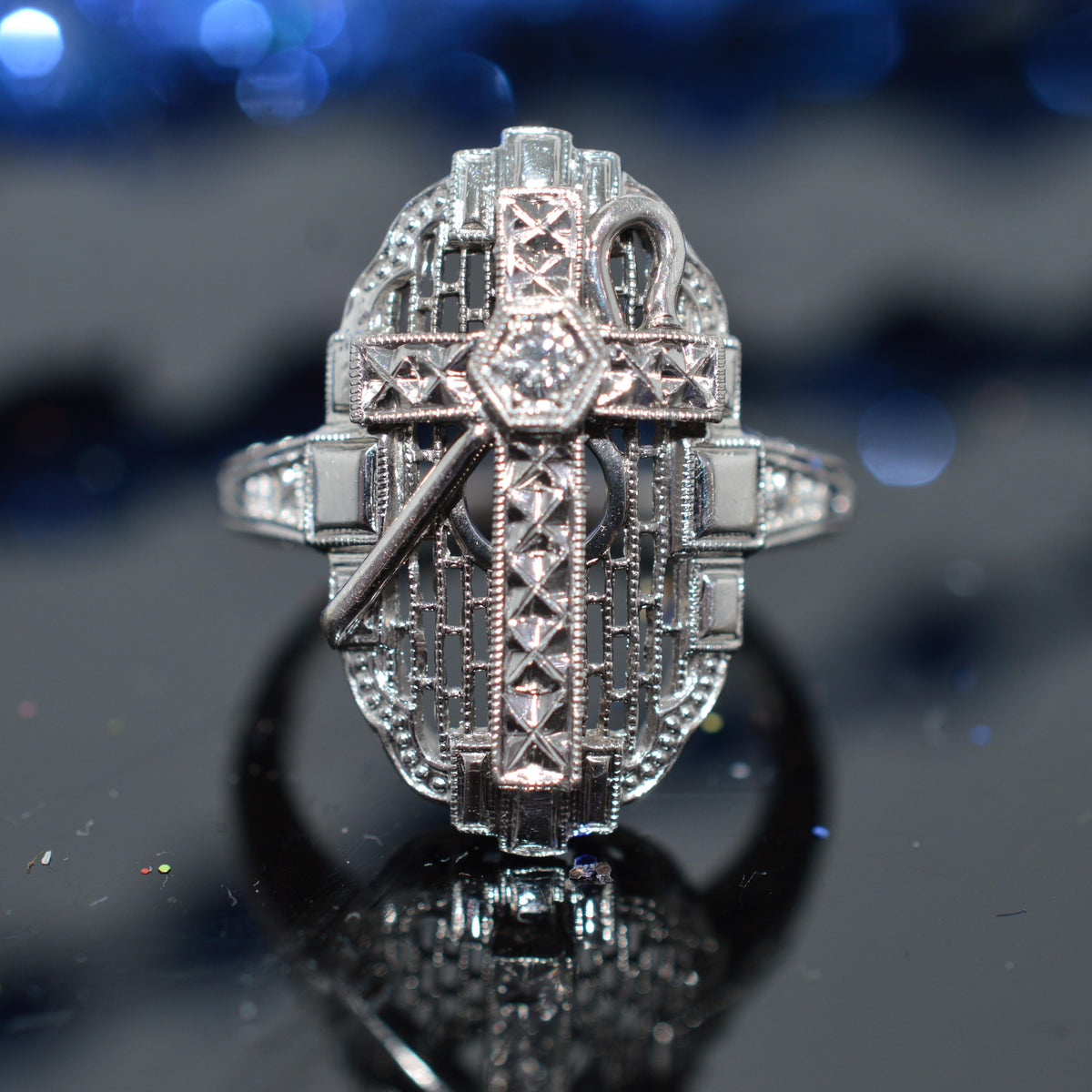 14K White Gold Filigree Ring With Cross, Shepherd's Crook, & Diamond
