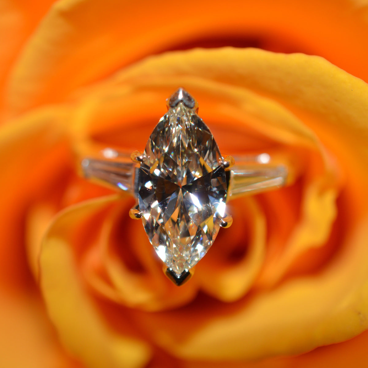 14K White Gold 1.50 Carat Marquise Diamond Ring With Baguette Diamonds