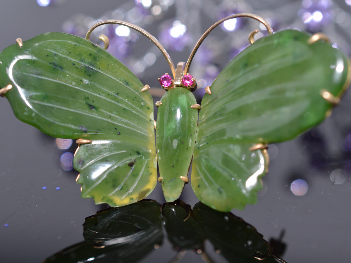 14K Yellow Gold Jade & Ruby Butterfly Brooch