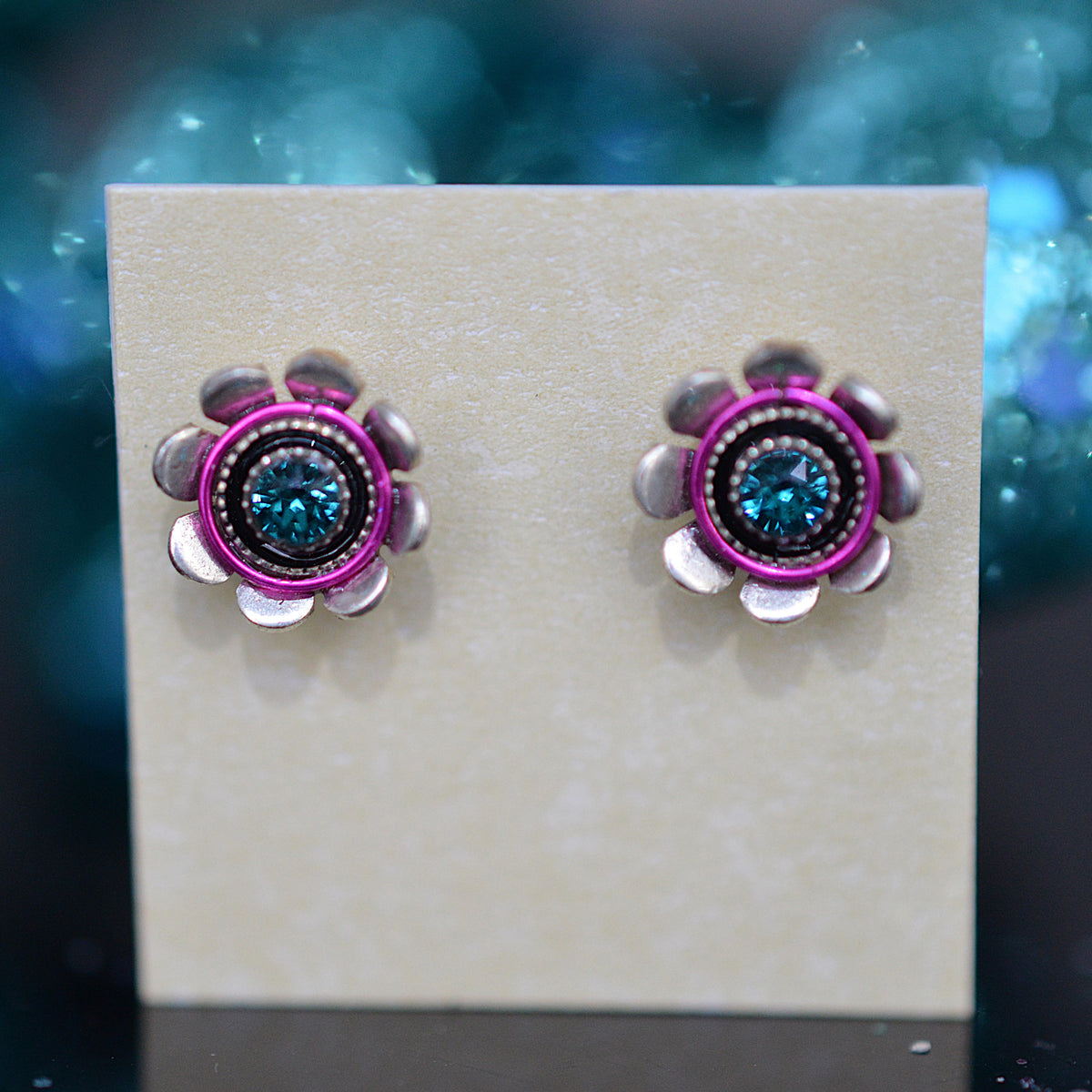 Antique Silver Plated Mini Flower Stud Earrings With Multi-Color Crystals by Firefly