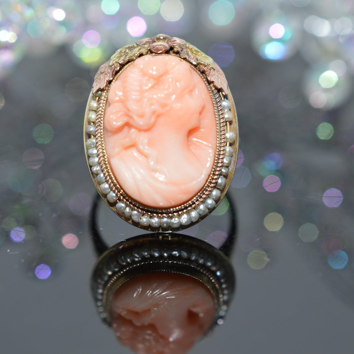 14K Tri-Color Gold Ring With Cameo And Seed Pearls On Wire