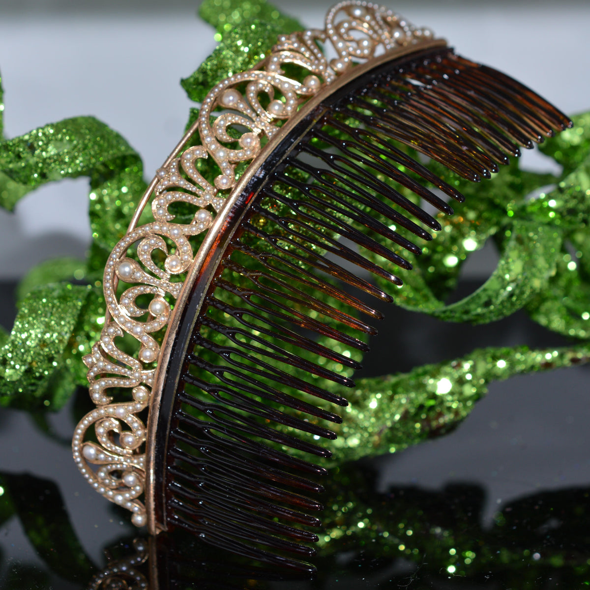 14K Yellow Gold Regency Style Hair Comb With Seed Pearls