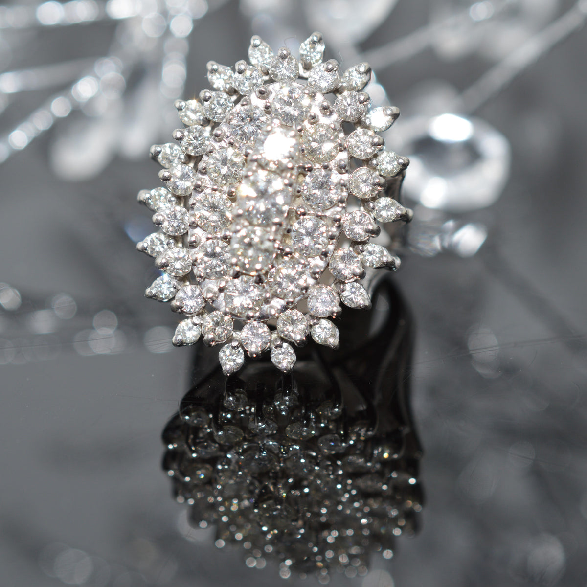 Spectacular 14K White Gold Oval Shape Diamond Cluster Ring