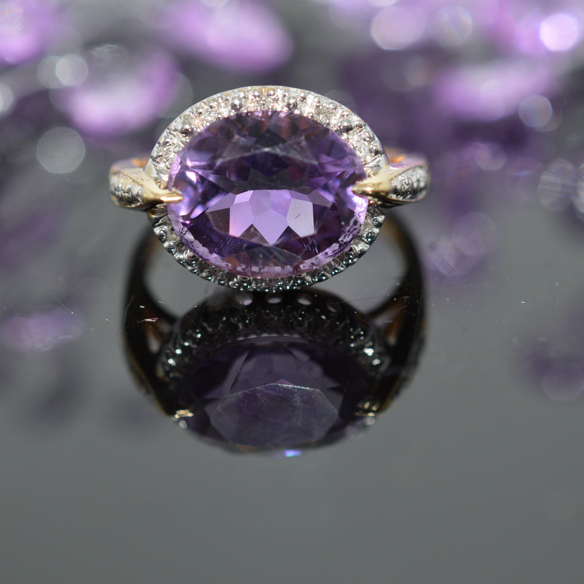10K Yellow Gold Ring With Diamonds And Sideways Set Oval Amethyst