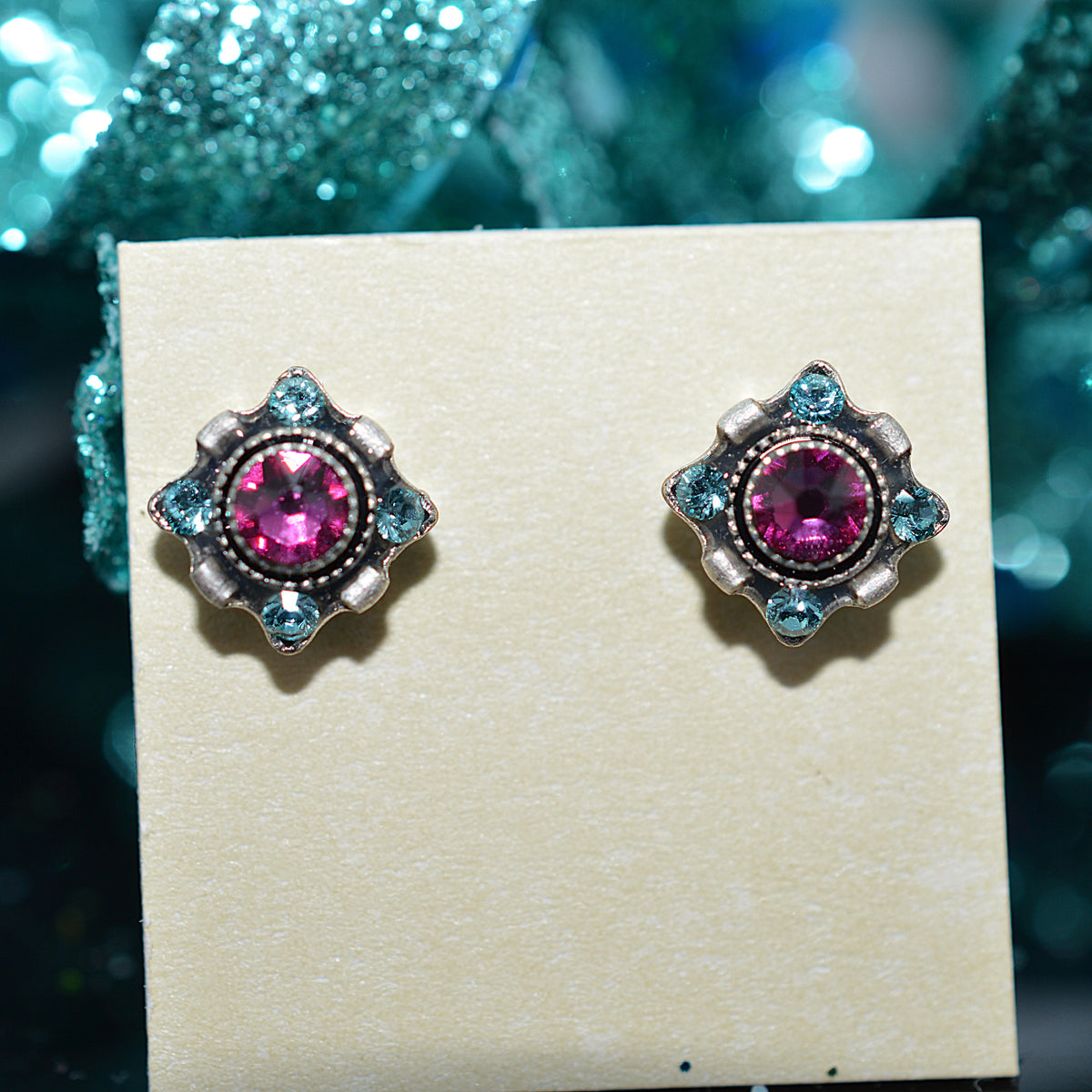 Antique Silver Plated Dulce Petite Stud Earrings With Fuchsia Crystals by Firefly