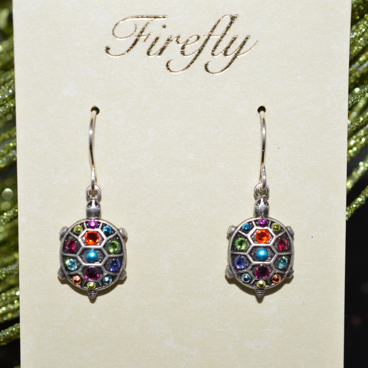 Antique Silver Plated Multi-Color Crystal Turtle Earrings by Firefly