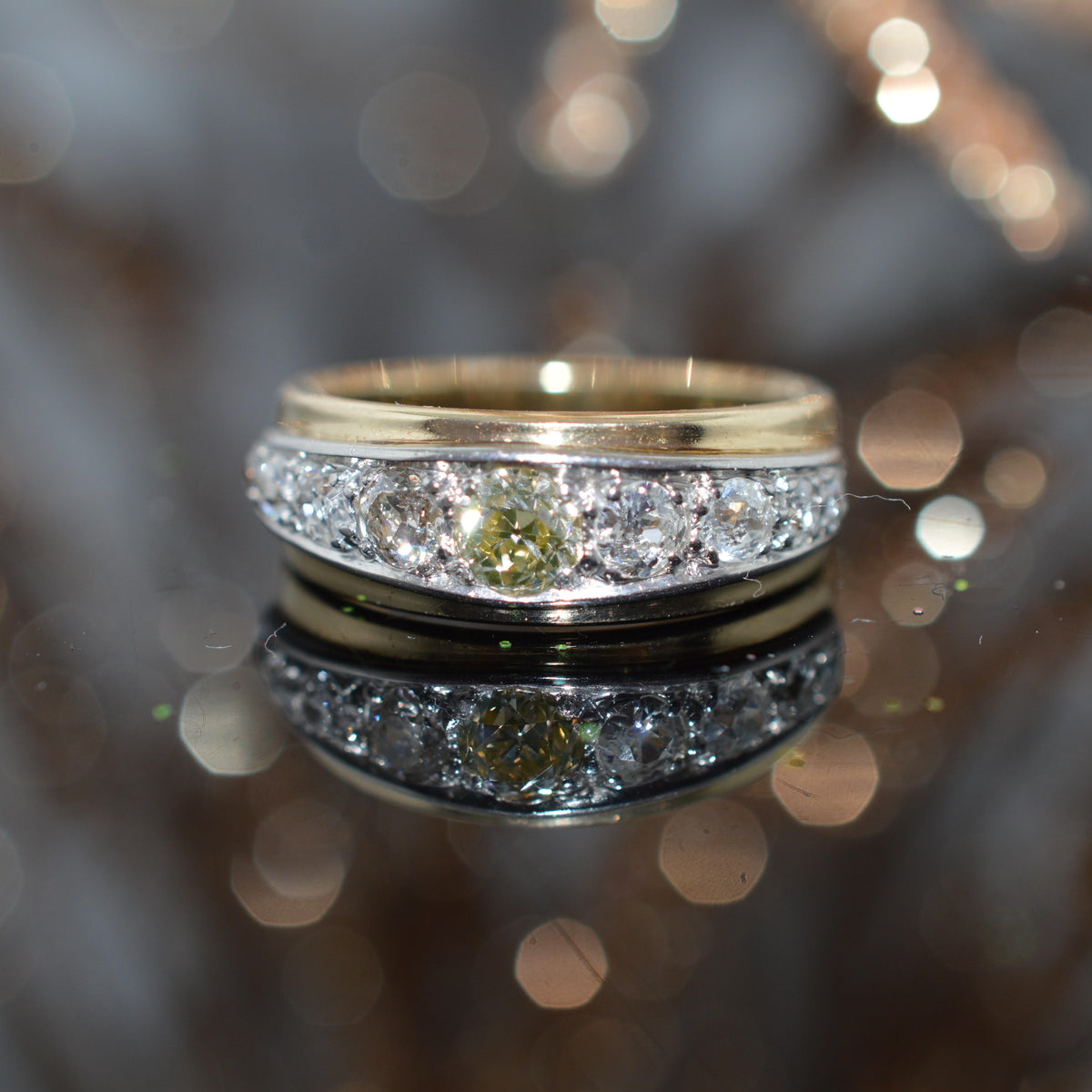 14K 2T Gold & Old Mine Cut Diamond Band Ring