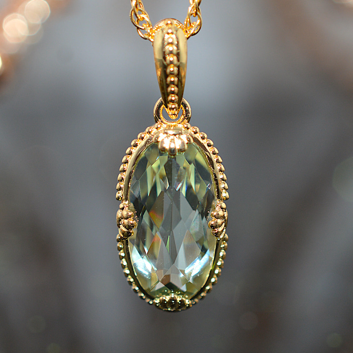 Gold Vermeil Chain & Pendant With Long Oval Cut Green Amethyst Gemstone