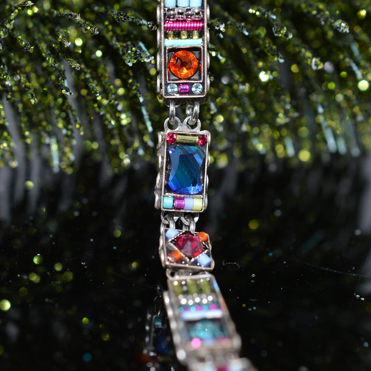 Antique Silver Plate Milano Rectangle Bracelet With Multi-Color Crystals by Firefly