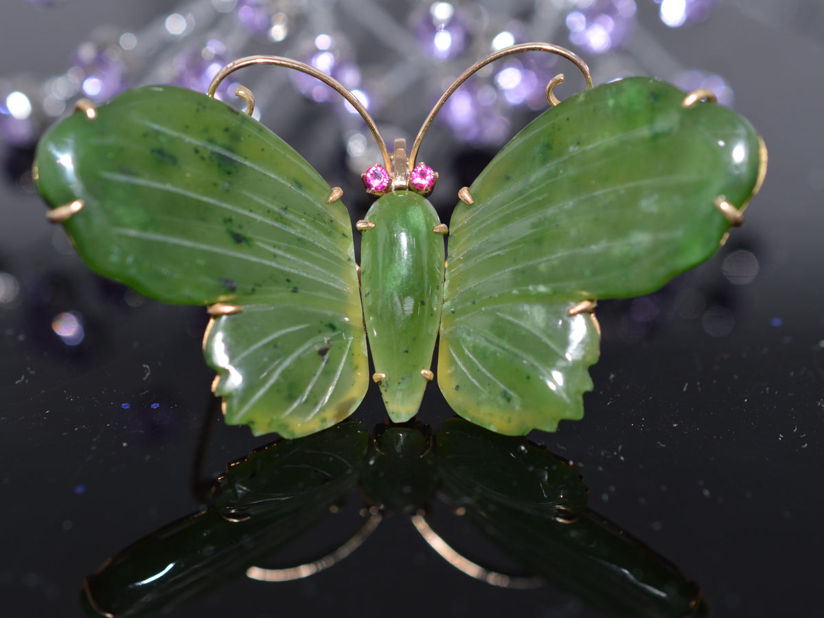 14K Yellow Gold Jade & Ruby Butterfly Brooch