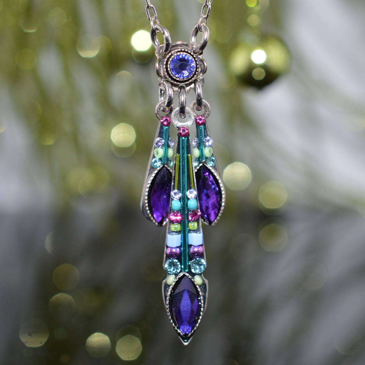 Antique Silver Plated Triple Carmel Purple Crystal Drop Necklace by Firefly