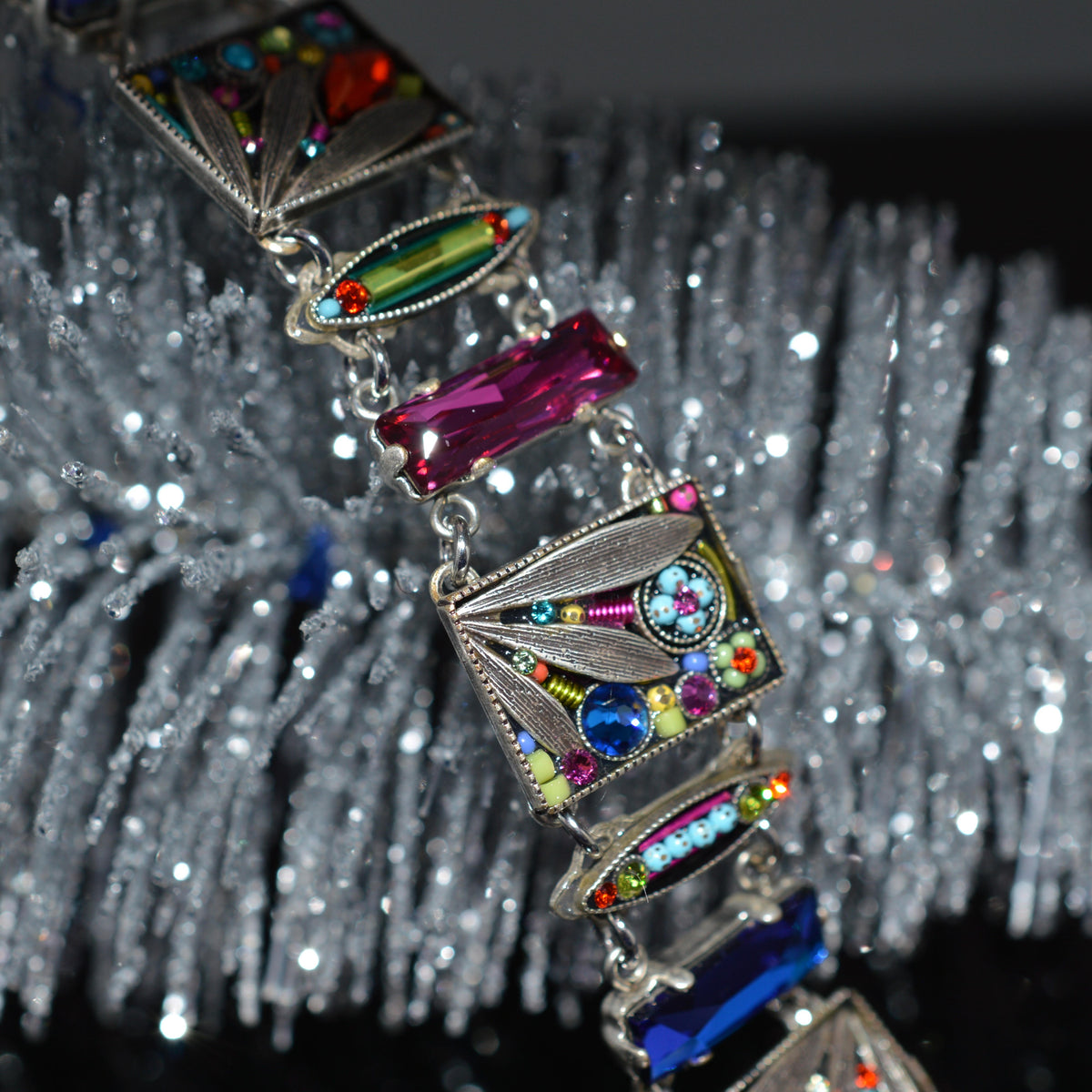 Antique Silver Plate Wide Botanical Bracelet With Multi-Color Crystals by Firefly