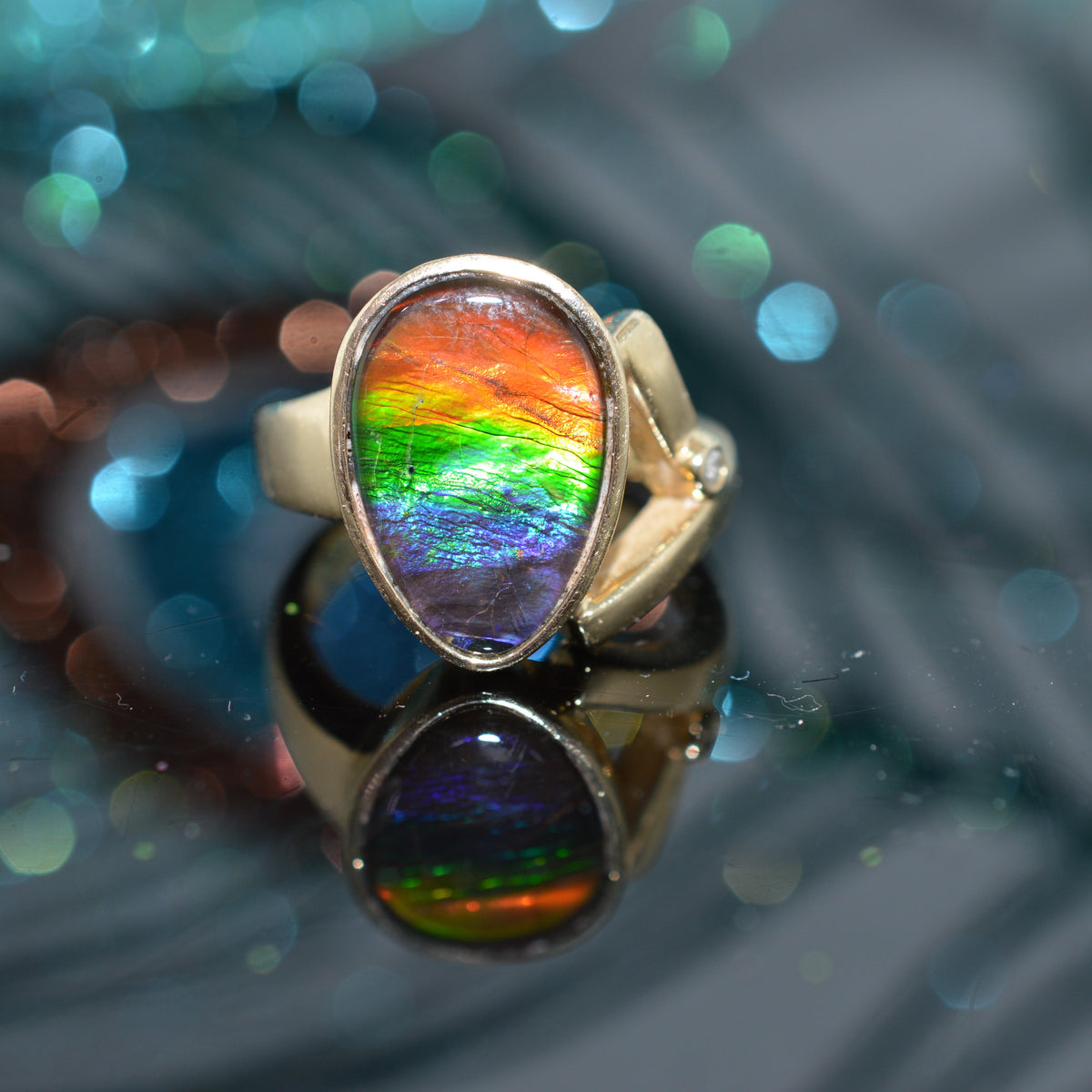 14K Yellow Gold Fossil Ammolite & Diamond Ring