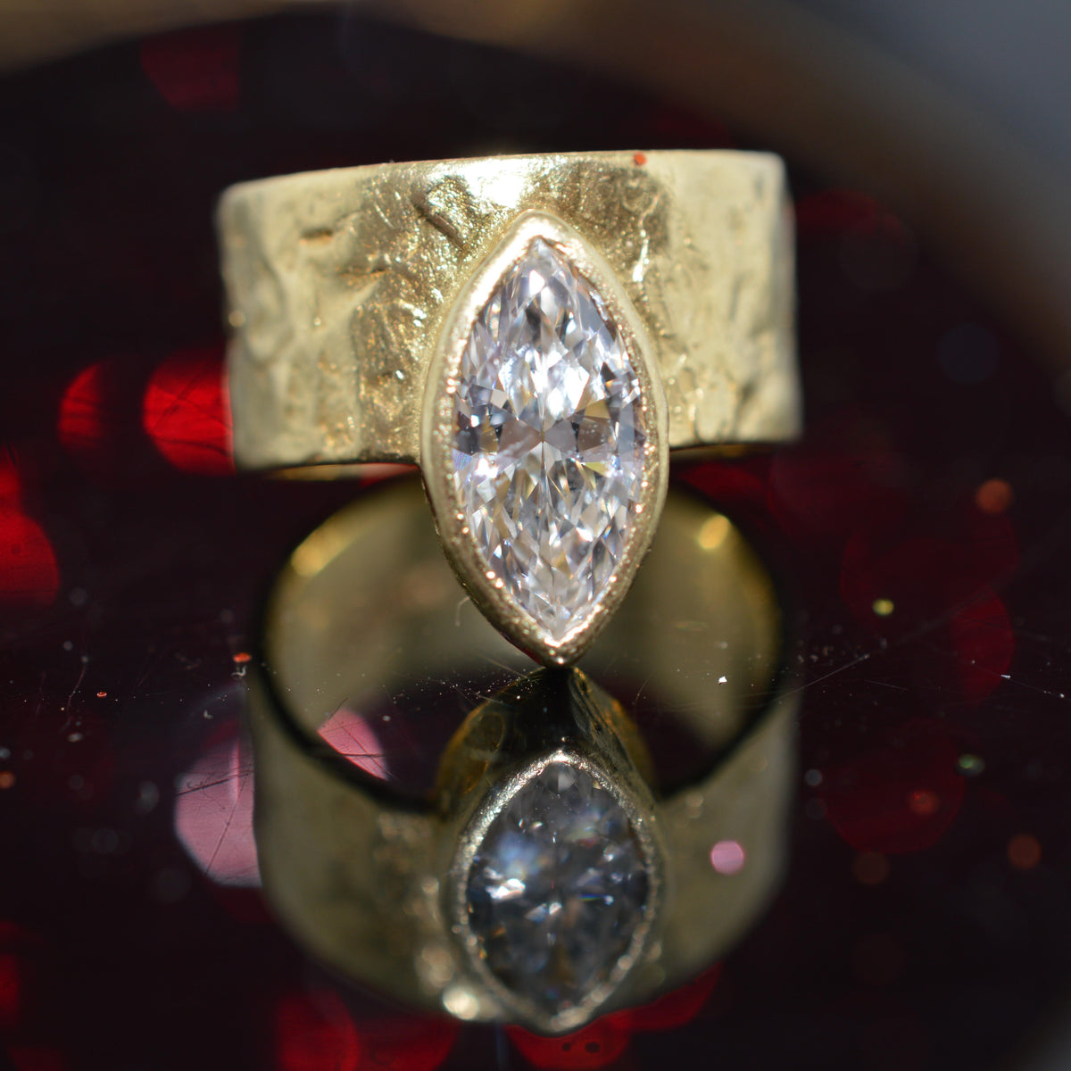 Unique 18K Yellow Gold Hammered Wide Band With Marquise Diamond